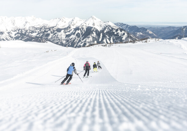     Eine vierköpfige Familie von Hinten bei der Abfahrt auf einer Piste im Skigebiet Hinterstoder in der Urlaubsregion Pyhrn-Priel, im Hintergrund winterliche Berge. 